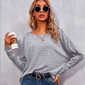 GRAY W/WHITE STRIPE DROP SHOULDER LONG SLEEVE TOP
